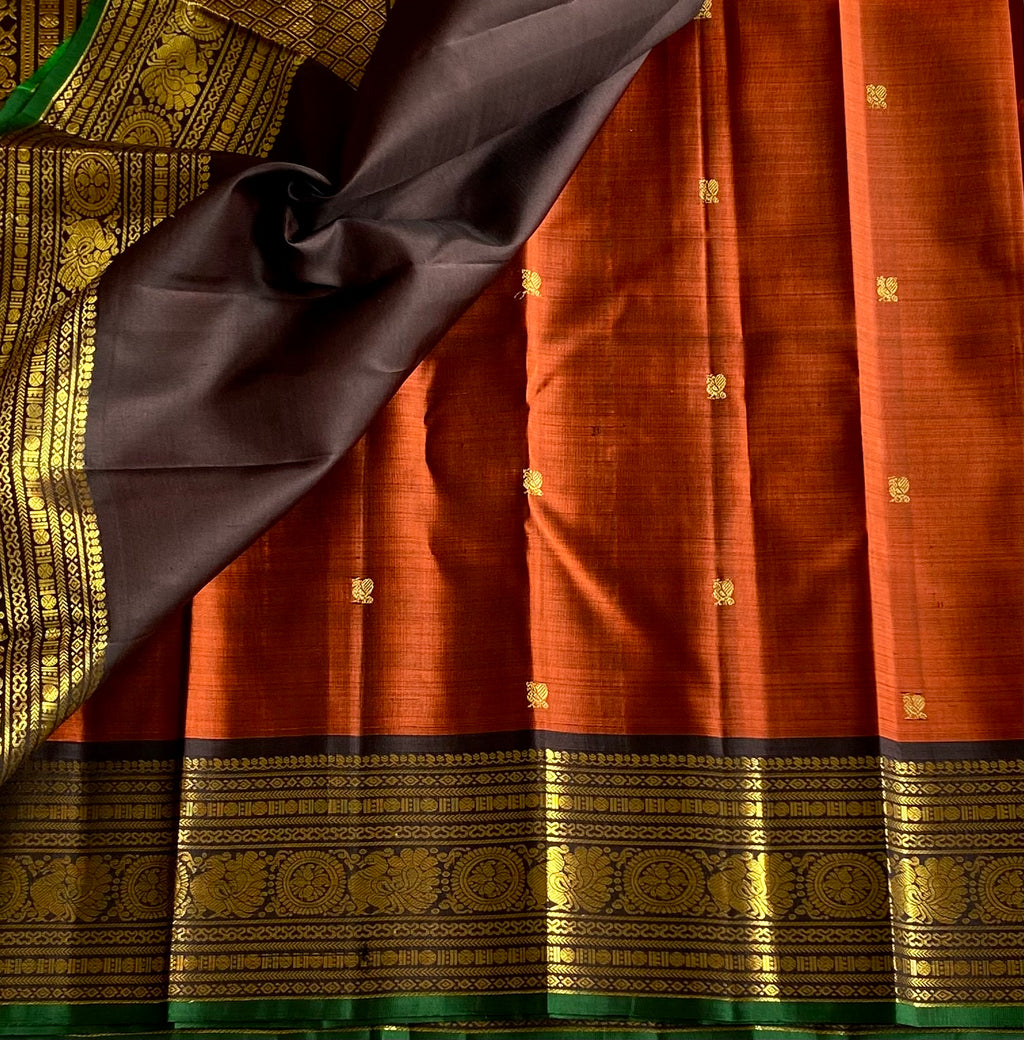 Classic vintage rust orange with wine brown Kanjeevaram pure silk