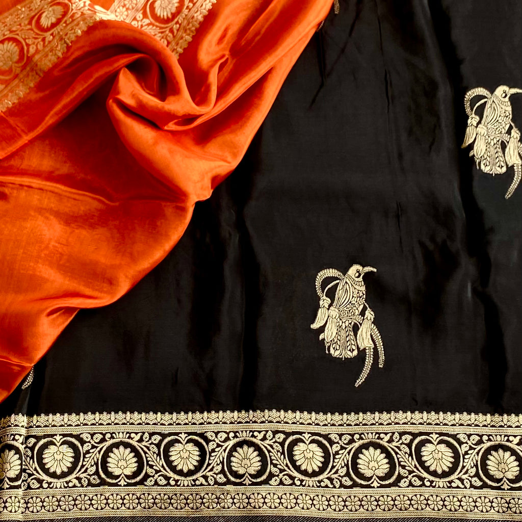 Jet Black Soft Crepe Silk With Antique Gold Border & Contrast Burnt Orange Blouse