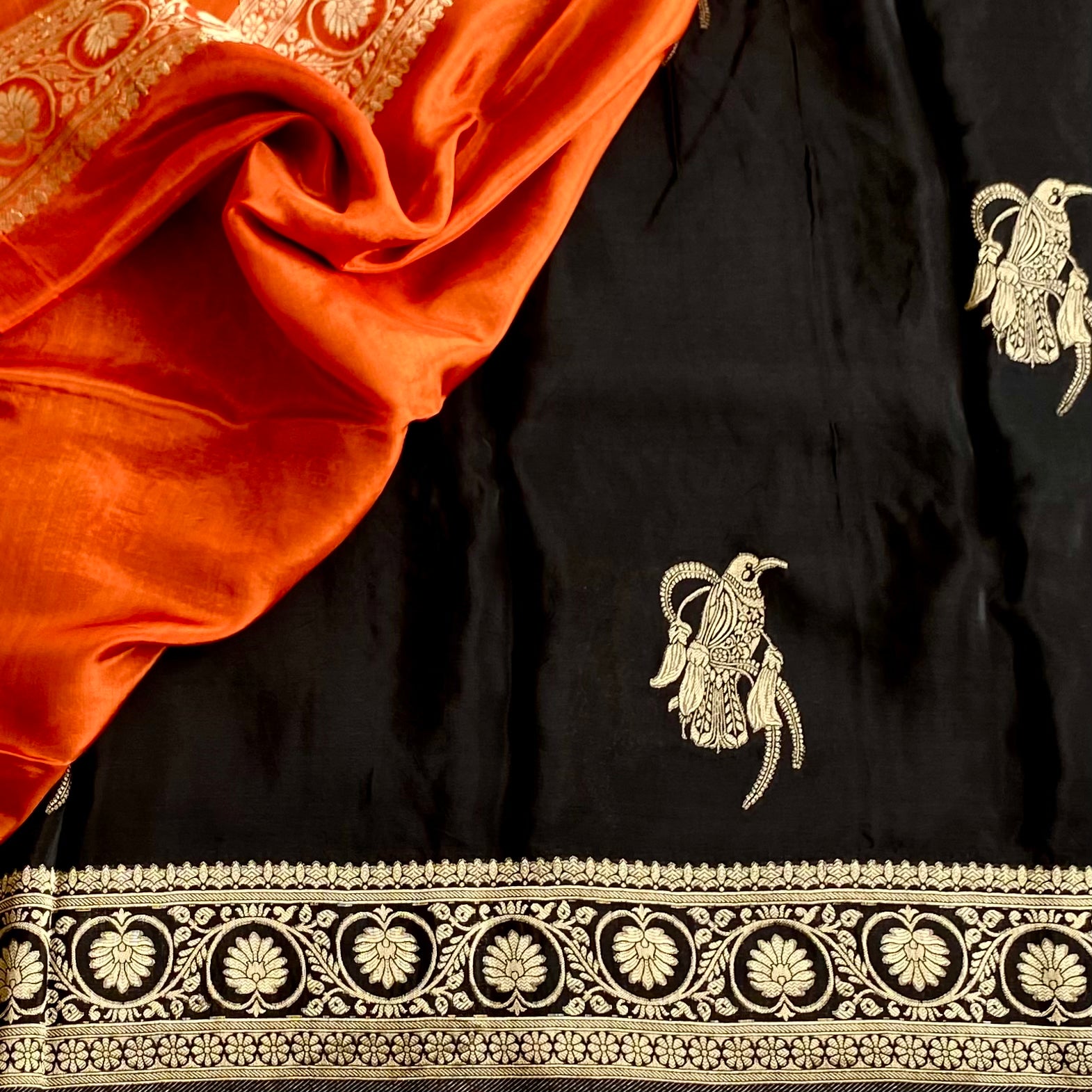 Jet Black Soft Crepe Silk With Antique Gold Border & Contrast Burnt Orange Blouse