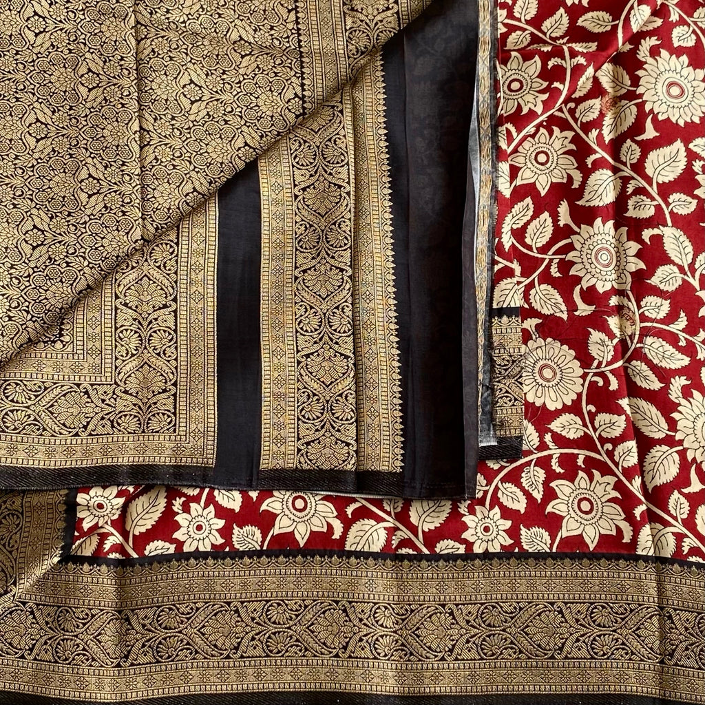 Dark Red Soft Tussar Silk Saree With Black Pallu