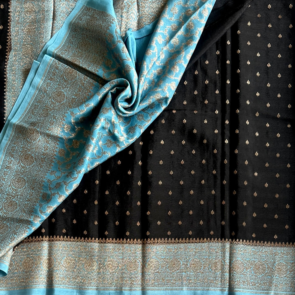 Elegant Jet Black Aqua Blue Brocade Saree Gold Buti Work