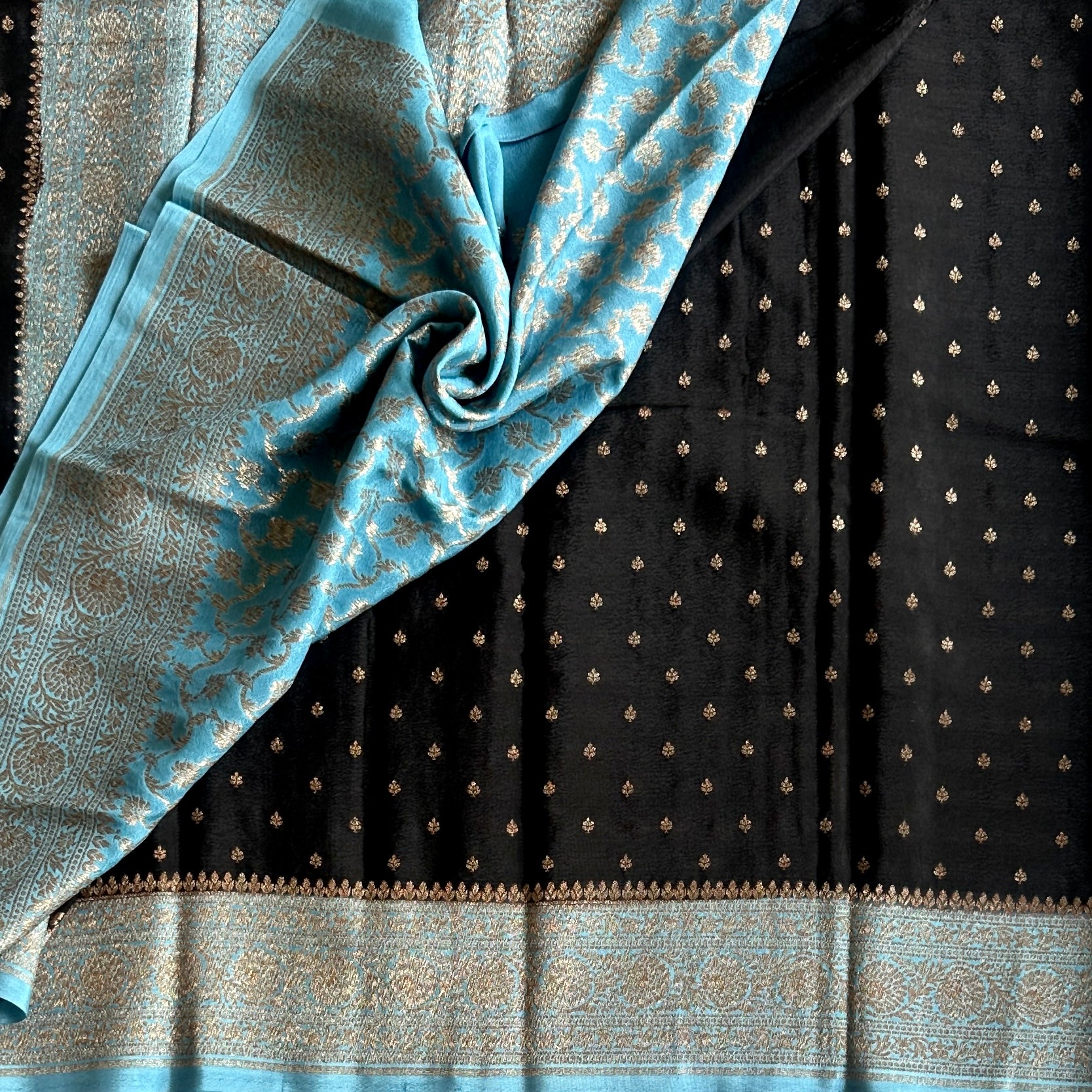 Elegant Jet Black Aqua Blue Brocade Saree Gold Buti Work