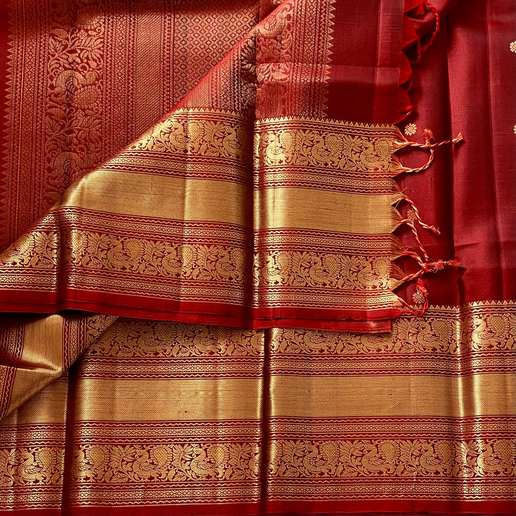 Wine Maroon Designer Pure Silk Saree Antique Gold Zari Border Contrast Pallu
