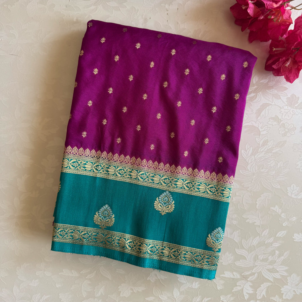 Magenta Teal Silk Saree Gold Zari Buti Woven Pallu Border