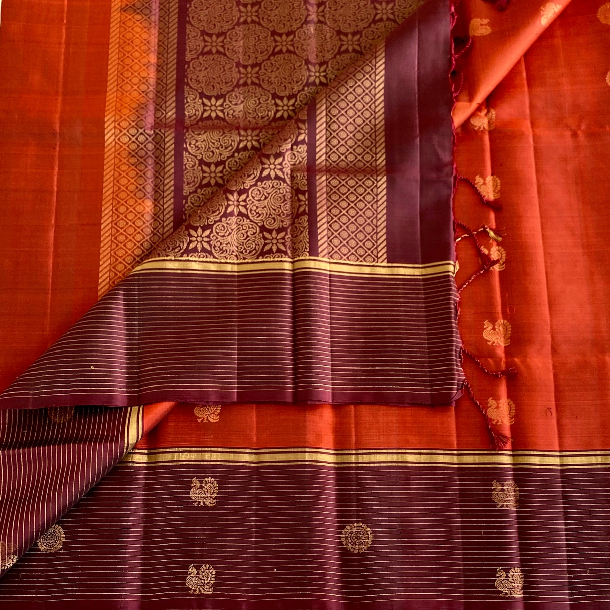 Brick Red Designer Pure Silk Saree With Deep Maroon Pallu