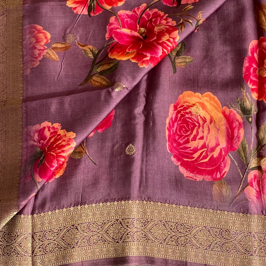 Metallic Lavender Jute Tussar Silk With Antique Zari Pallu & Dreamy Prints