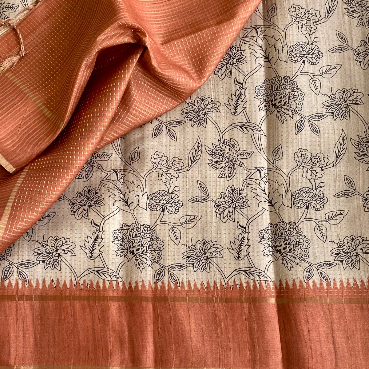 Ecru Beige & Terracotta Soft Tussar Silk Saree With Floral Weave