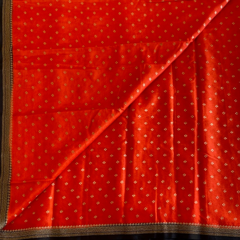 Bright Orange Kanjeevaram Pure Zari Silk Saree With Jet Black Pallu