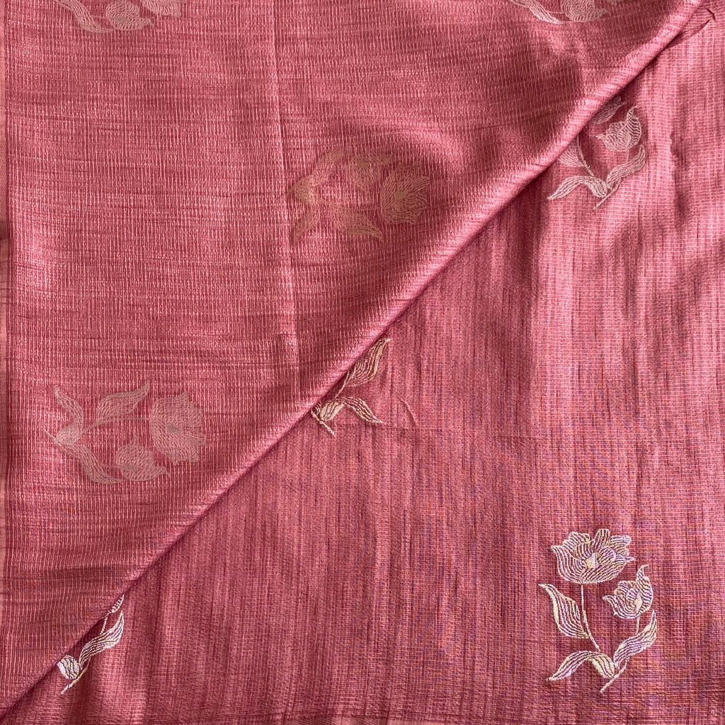 Dusty Rose Soft Jute Tussar Saree With Antique Gold Pallu
