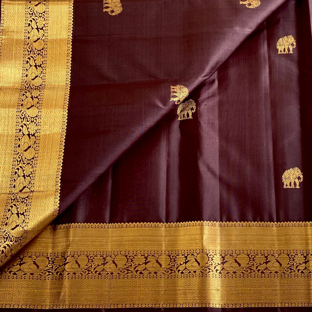 Dark Coffee Kanjeevaram Pure Zari Silk Saree With Antique Gold Border
