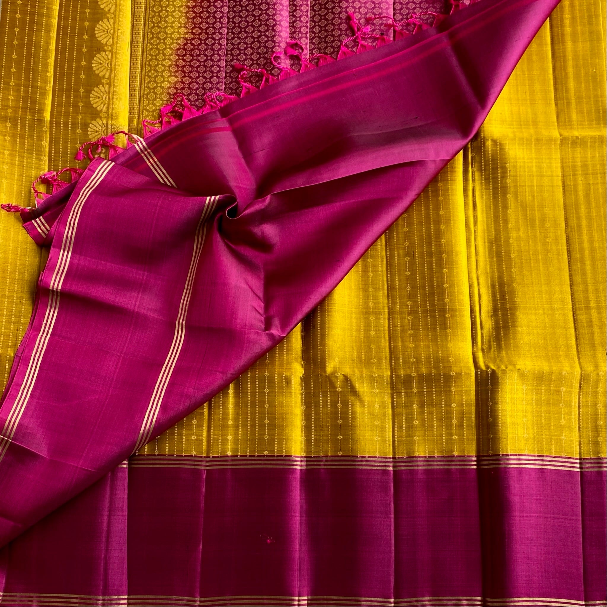 Golden Mustard With Magenta Intricate Zari Woven Designer Pure Silk