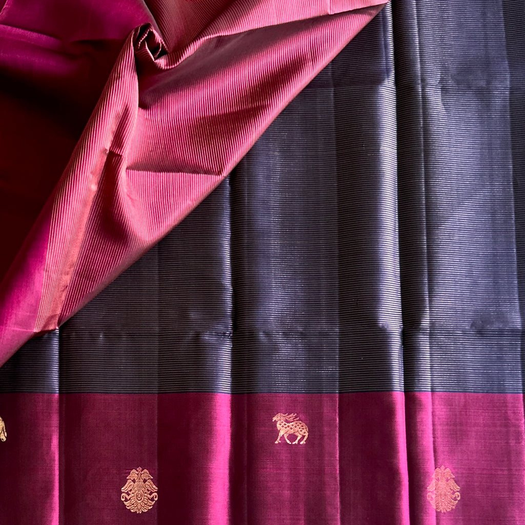 Magenta Silk Saree Antique Gold Jacquard Pallu Elephant Buta Traditional