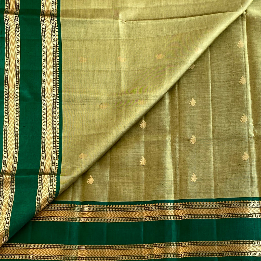 Metallic Sage Green Designer Pure Silk Saree With Emerald Green Pallu
