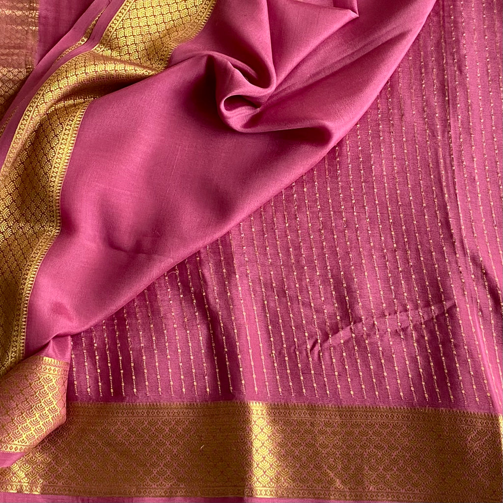 Onion Pink Mysore Crepe Silk Saree With Metallic Gold Border