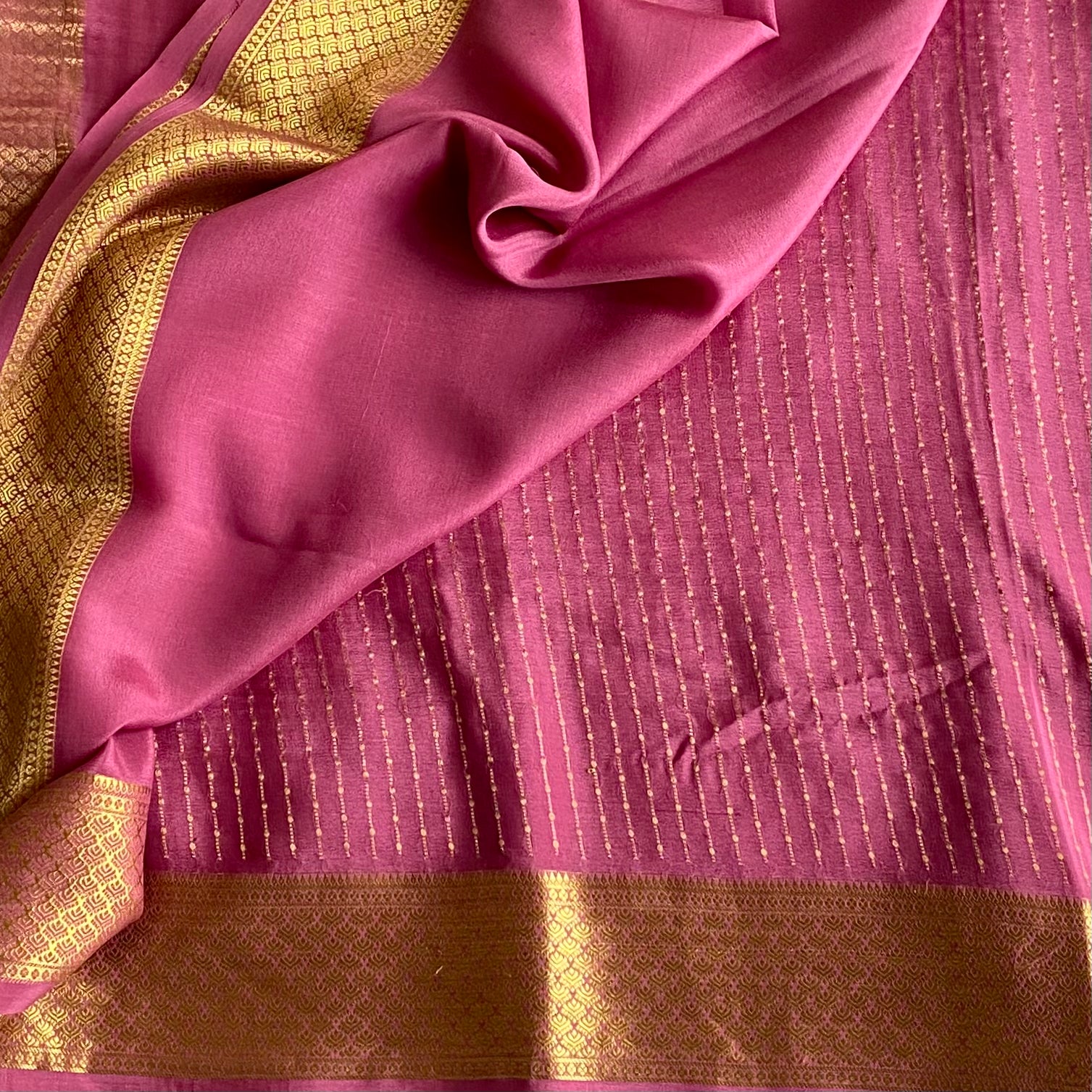 Onion Pink Mysore Crepe Silk Saree With Metallic Gold Border