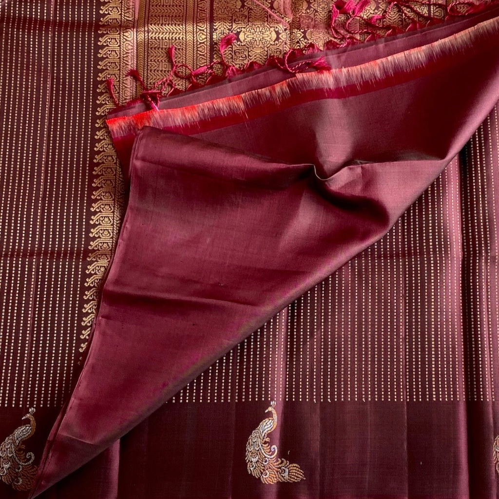 Burgundy Designer Pure Silk Saree With Antique Gold Pallu And Rani Pink