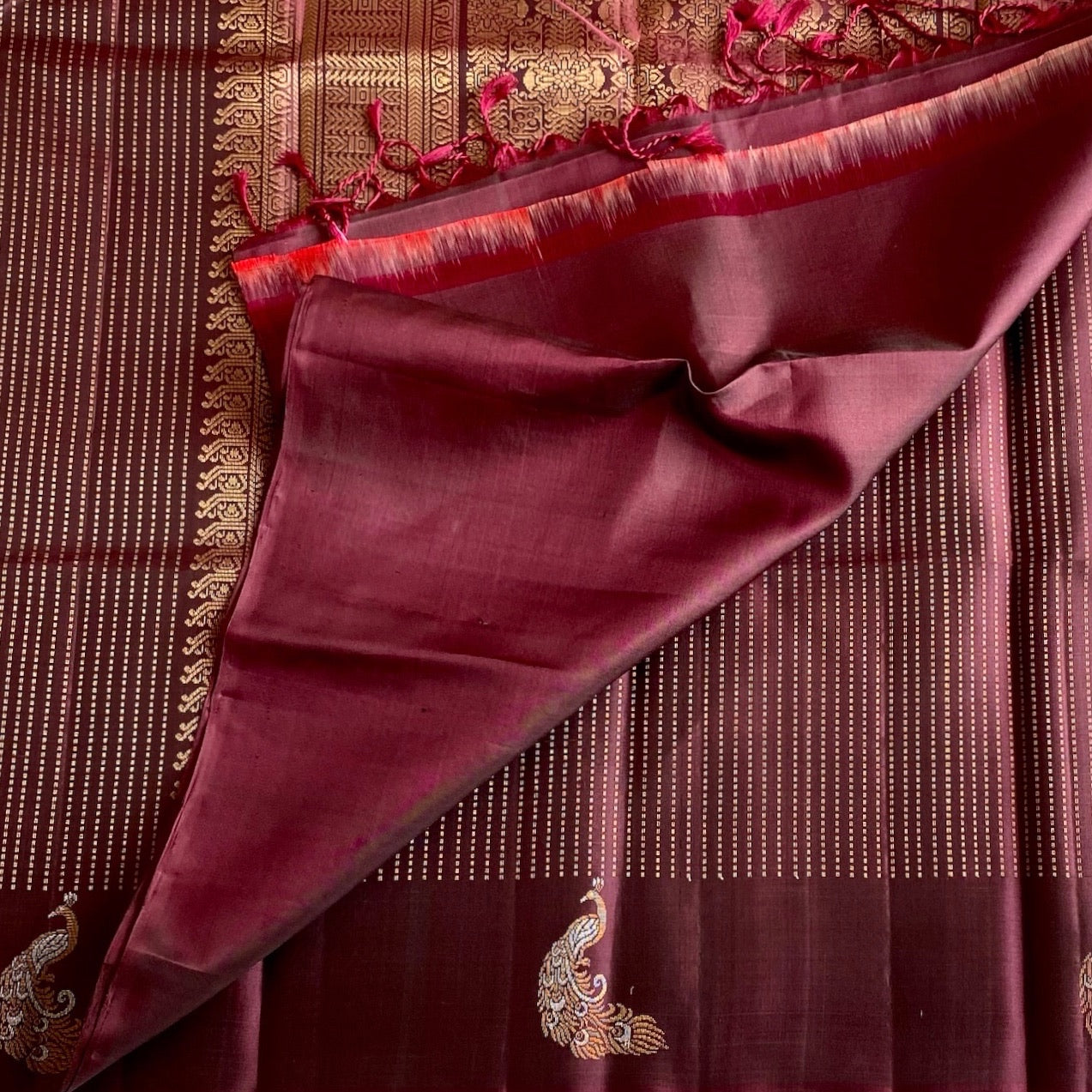 Burgundy Designer Pure Silk Saree With Antique Gold Pallu And Rani Pink