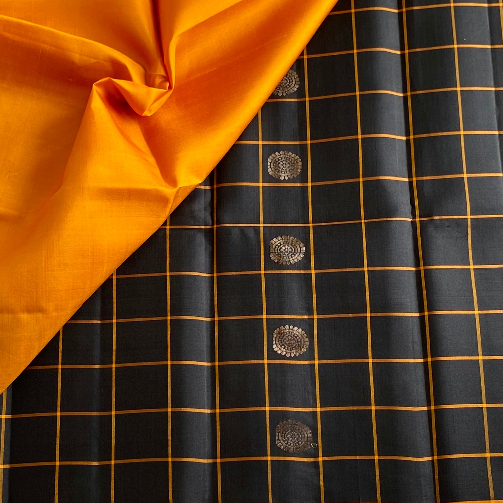 Charcoal Black Designer Pure Silk Saree With Saffron Orange Pallu
