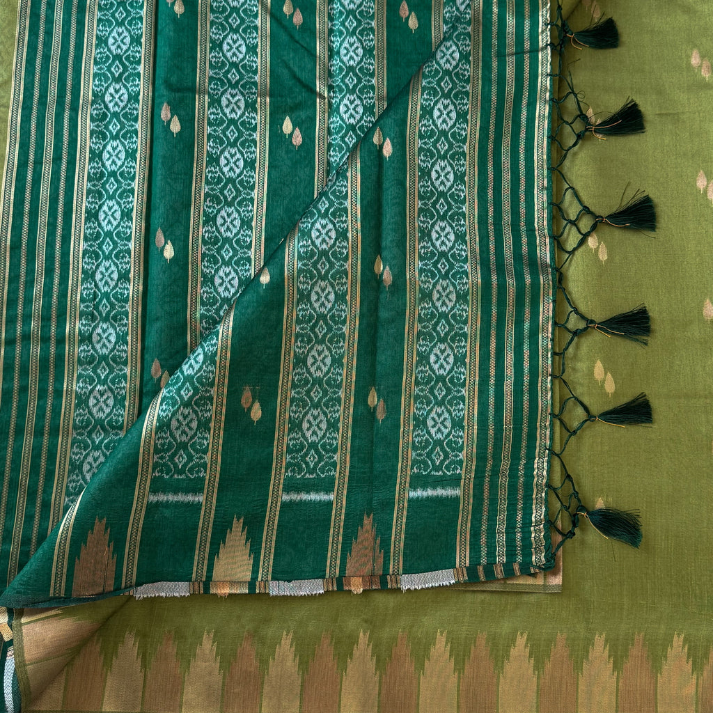 Traditional Emerald Olive Ikat Silk Saree Gold Butta Tassel Border