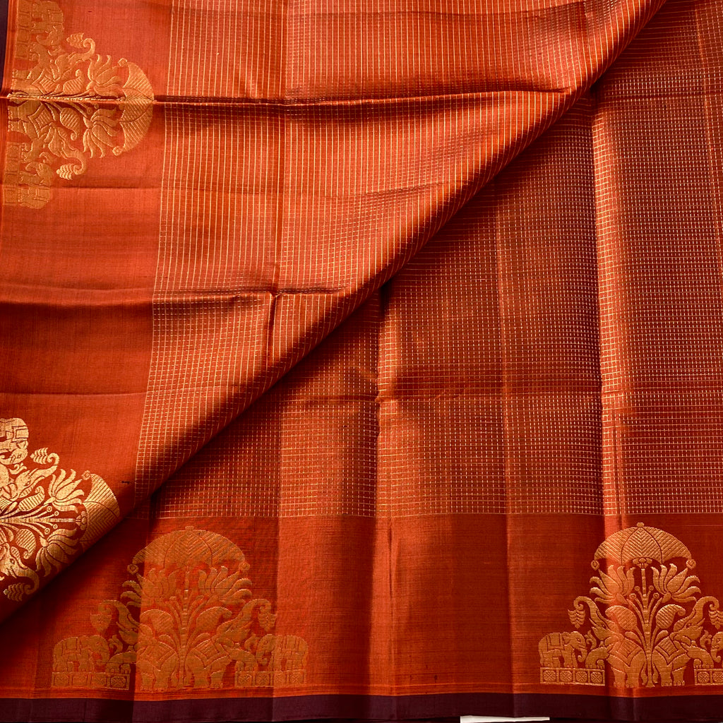 Rust Red Zari Elephant Border Traditional Festive Woven Elegant Saree