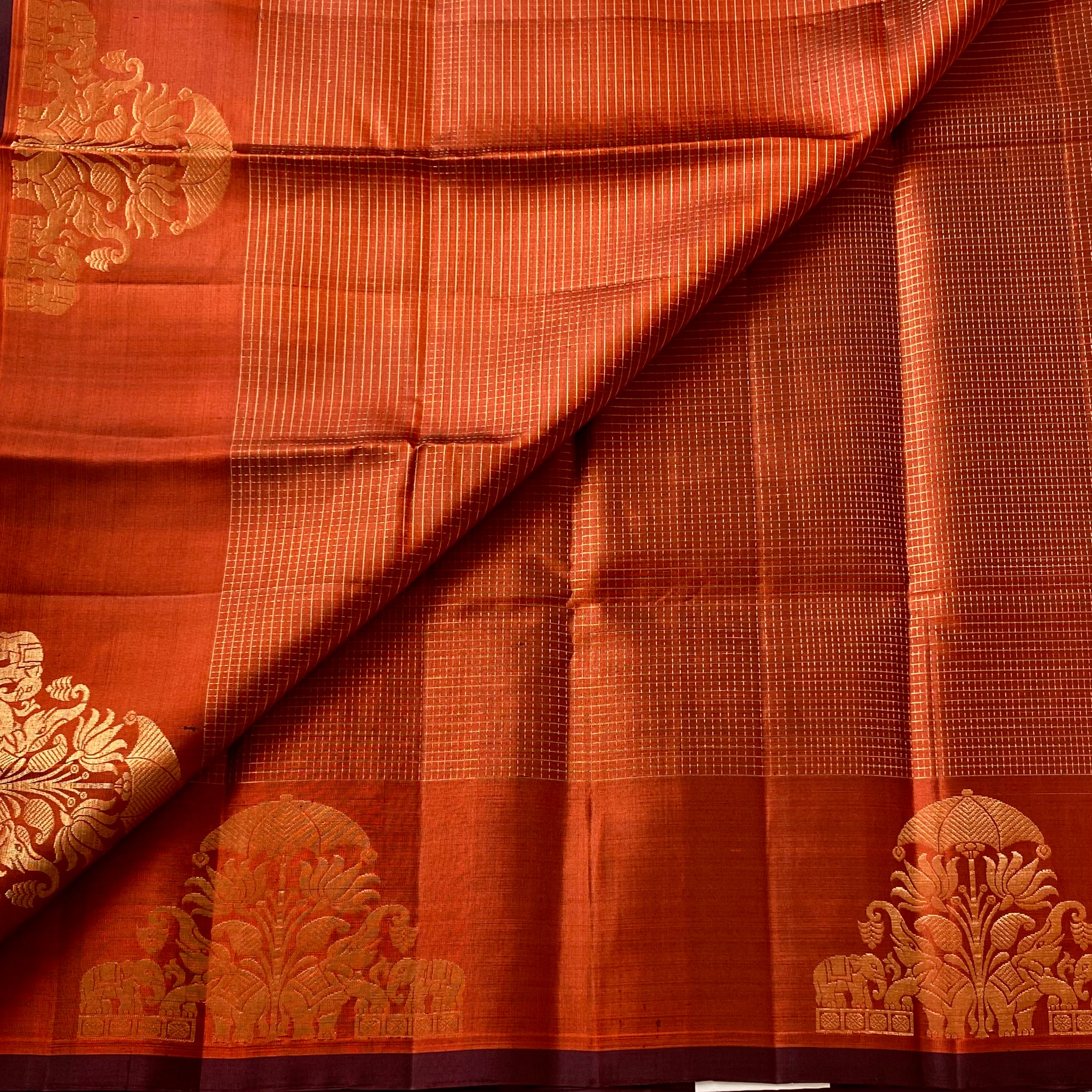 Rust Red Zari Elephant Border Traditional Festive Woven Elegant Saree