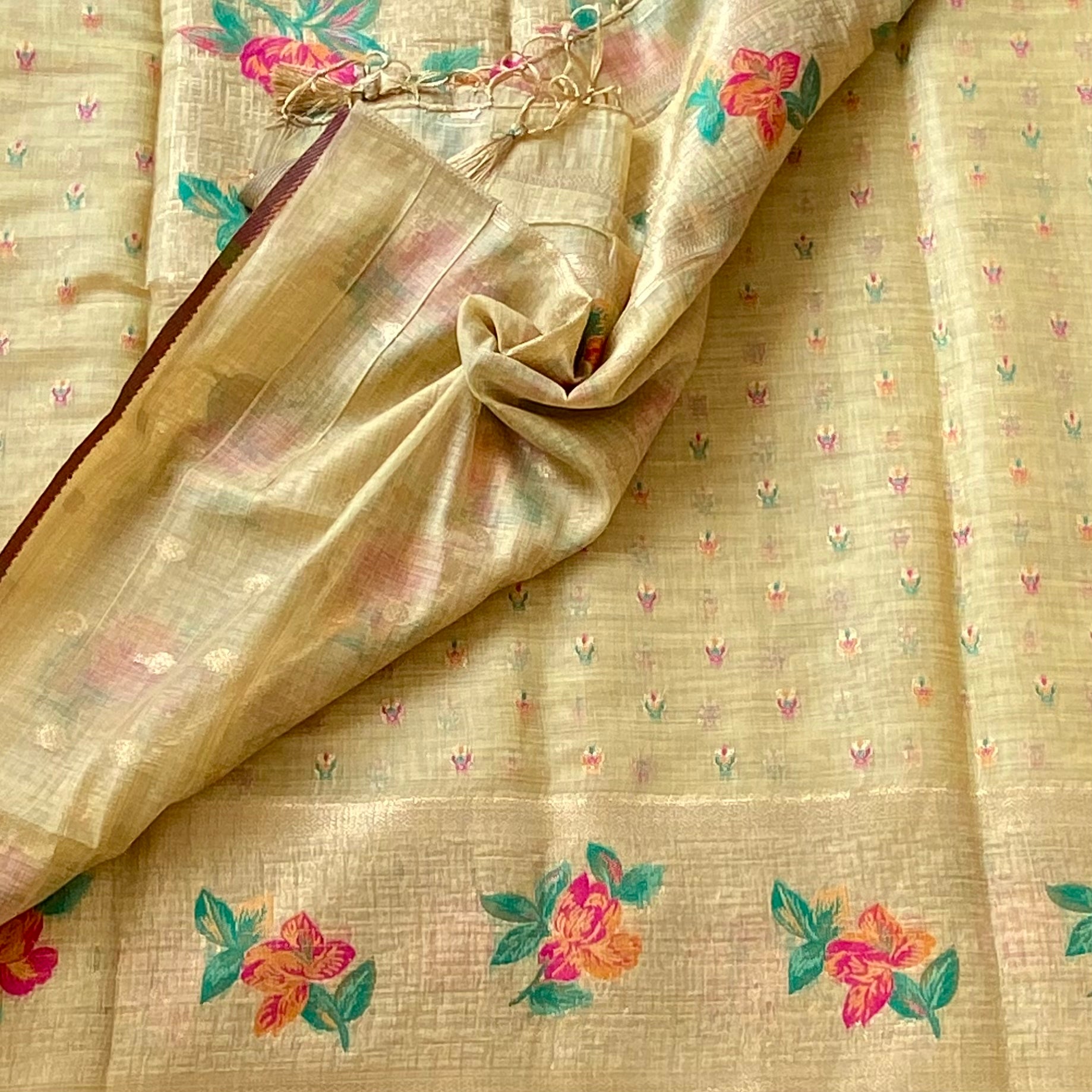 Elegant Mustard Floral Print Saree With Gold Sheen Tassels Design