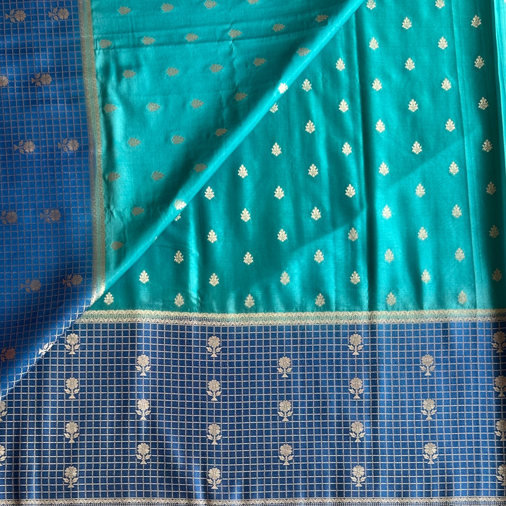 Teal Green Silk Saree Royal Blue Silver Zari Floral Buta