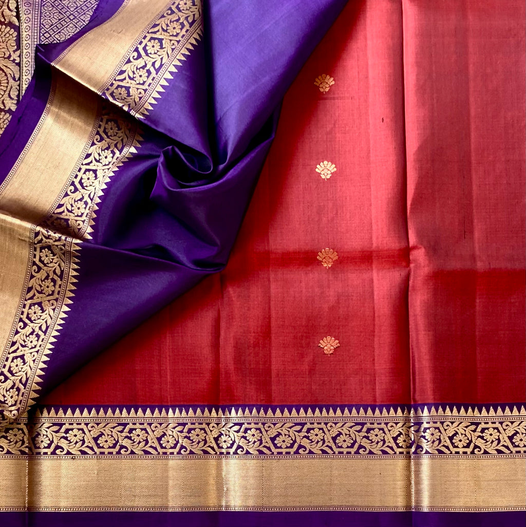 Deep Maroon Silk Saree with Royal Purple Pallu and Gold Border