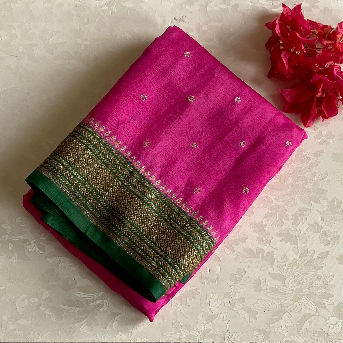 Fuchsia Pink With Emerald Green Banarasi Soft Crepe with Antique Zari