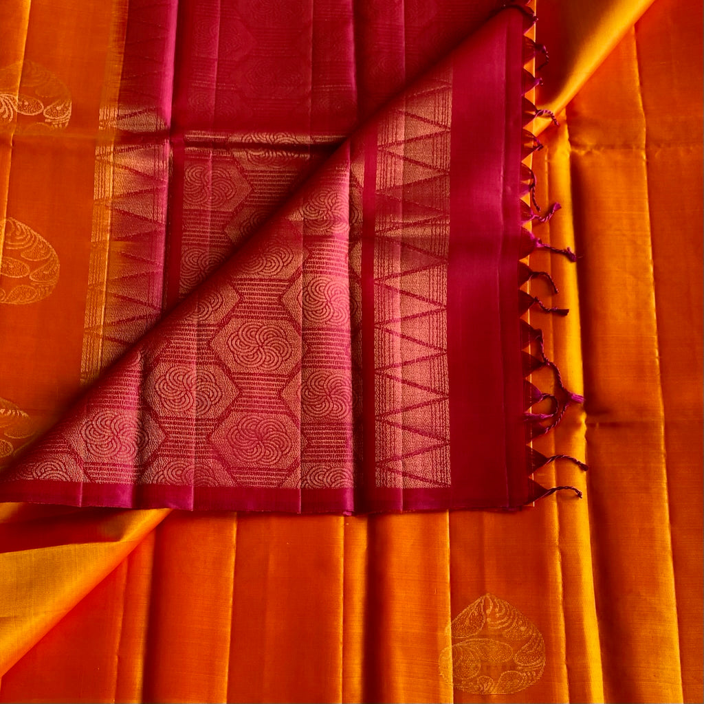 Saffron Orange Designer Pure Silk Saree With Deep Magenta Pallu