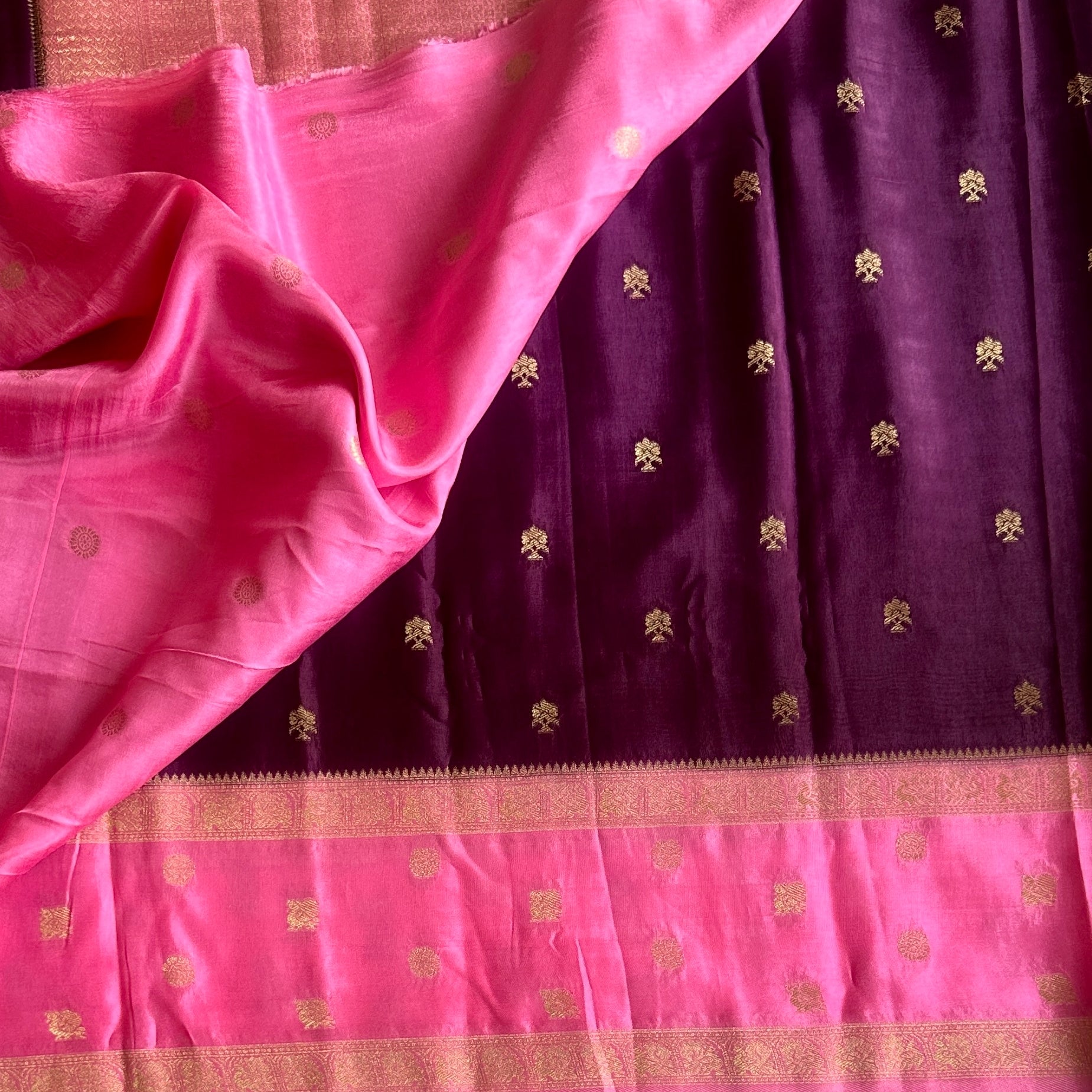 Fuchsia Plum Silk Saree Gold Woven Buti Contrast Border
