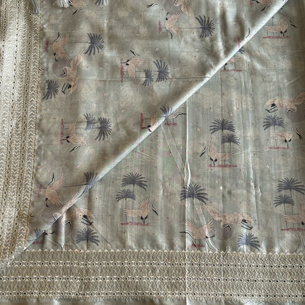 Pale Seafoam Crane Print Saree Gold Zari Border Tasseled Pallu