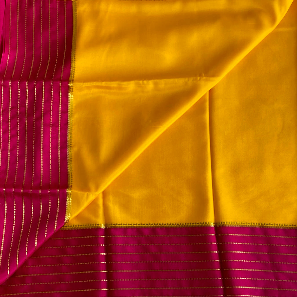 Mustard Yellow Mysore Crepe Silk Saree With Rani Pink Pallu
