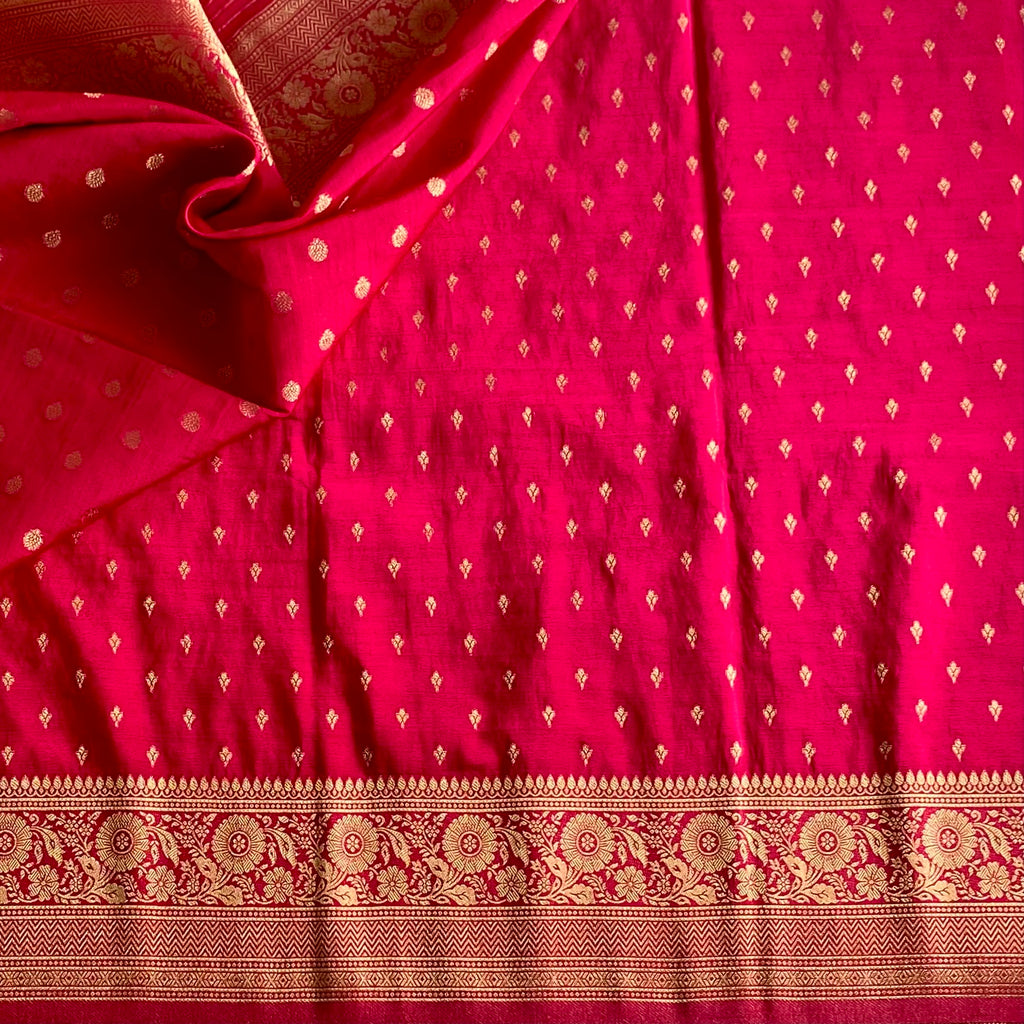 Rani Pink Soft Crepe Silk Saree With Metallic Gold Brocade Pallu