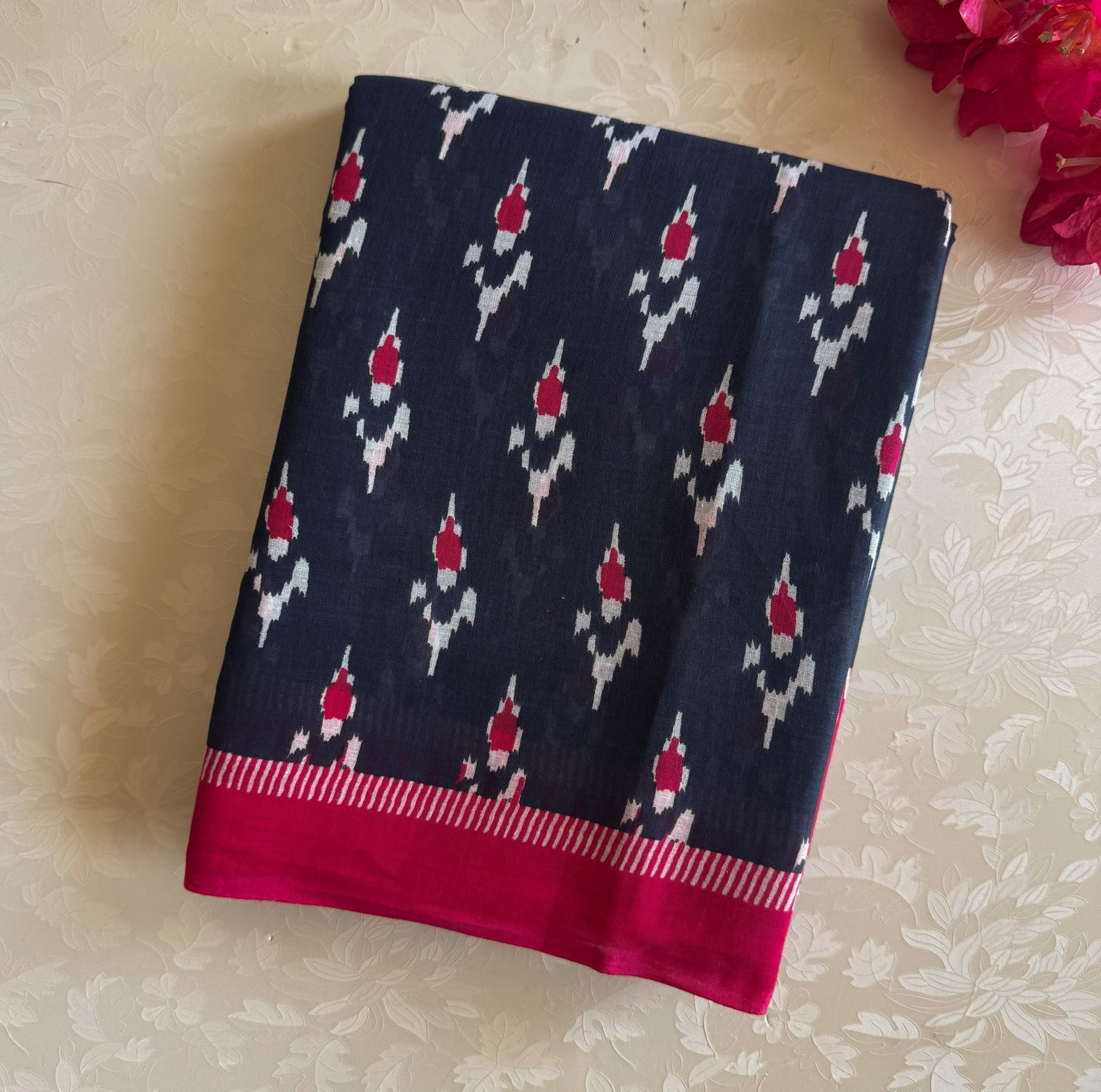 Navy Magenta Ikat Saree Floral Stripe Pallu Traditional Elegant Design