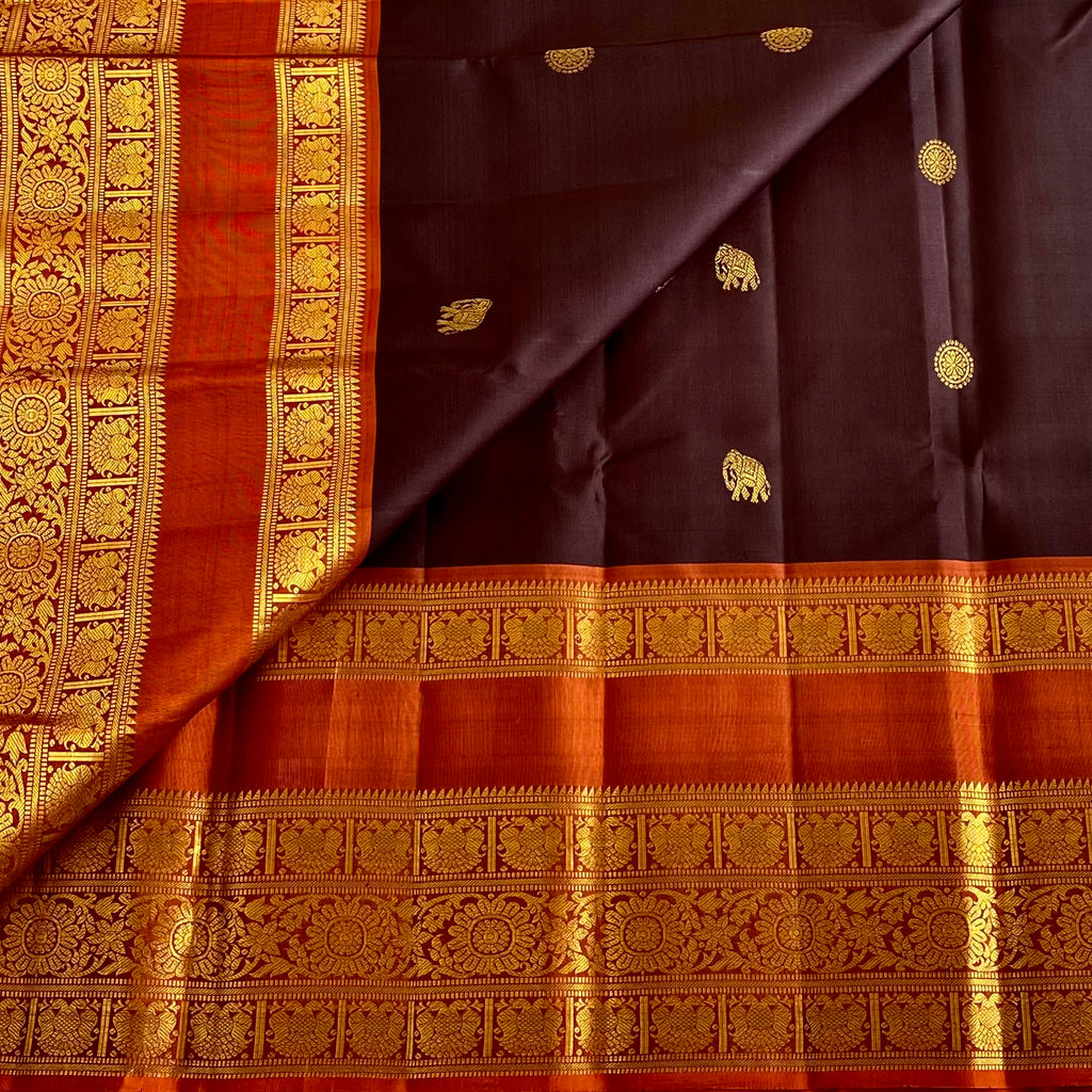 Dark Coffee Kanjeevaram Pure Zari Silk Saree With Burnt Orange Pallu