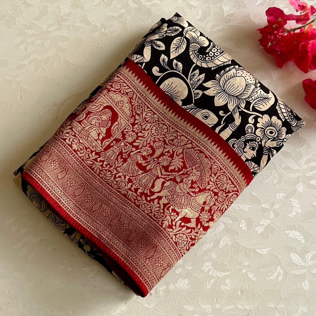 Jet Black Kalamkari Premium Tussar Silk With Deep Maroon Pallu
