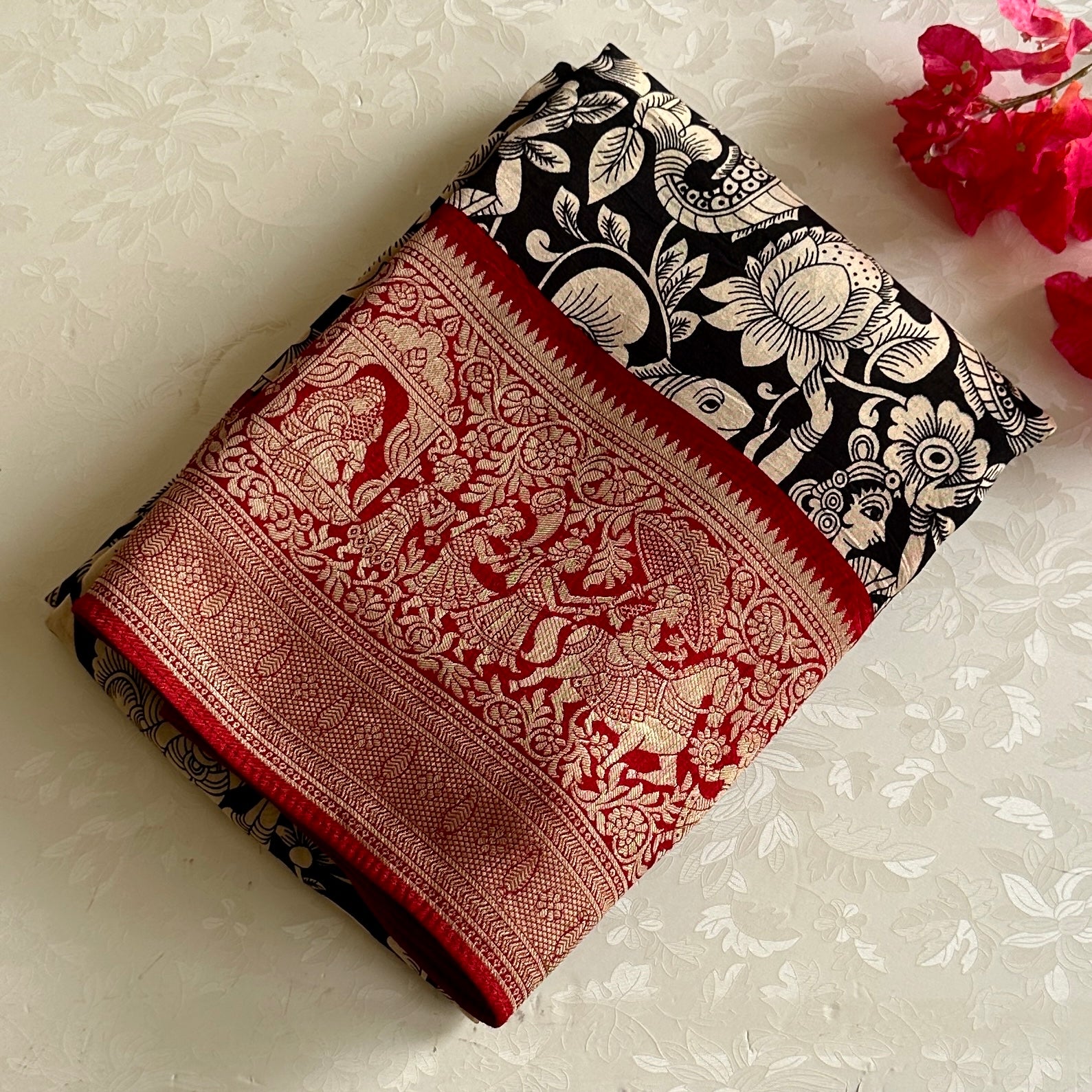 Jet Black Kalamkari Premium Tussar Silk With Deep Maroon Pallu