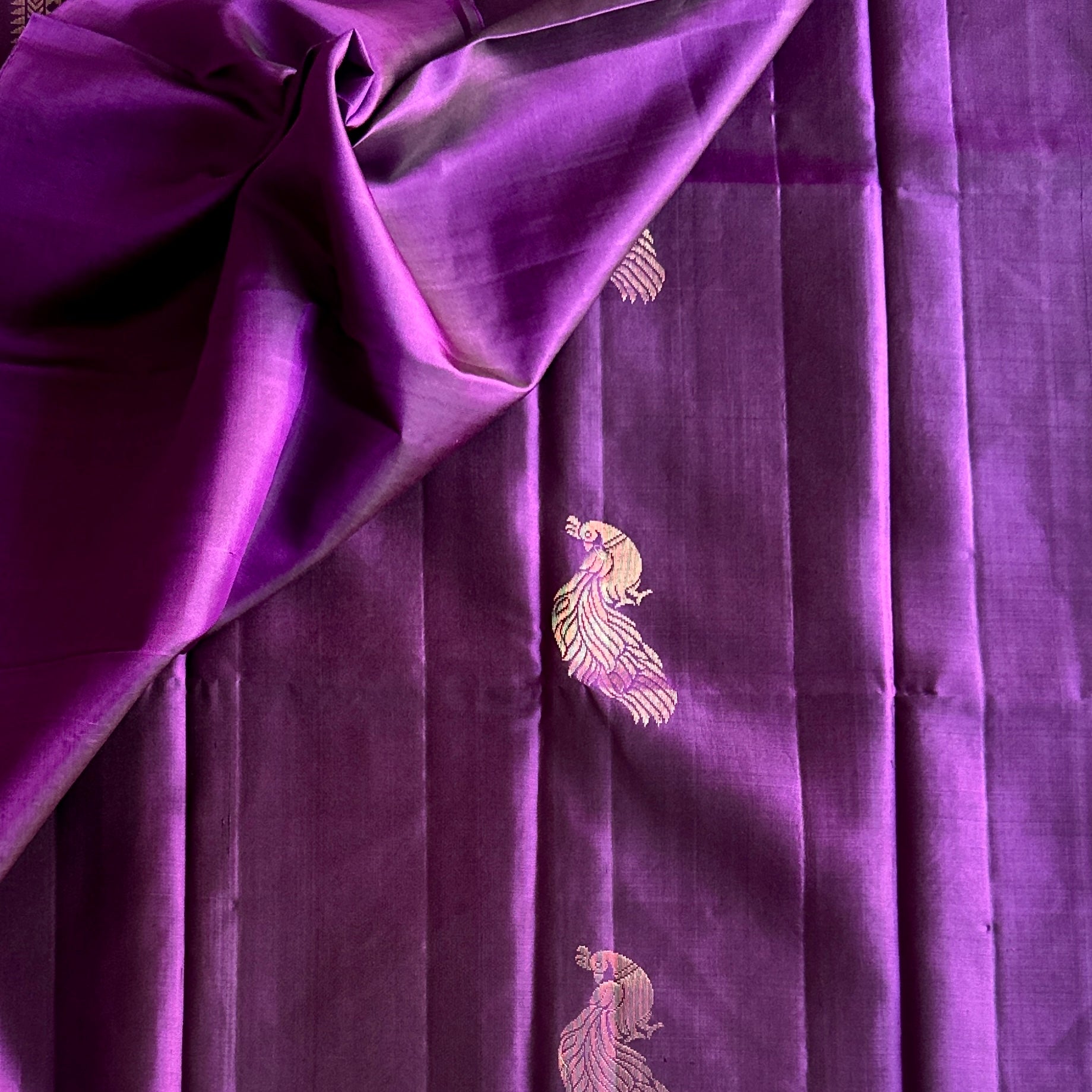 Royal Purple Silk Saree Rose Gold Peacock Brocade Festive Wear