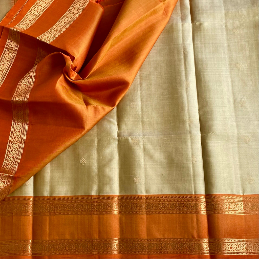 Antique Beige Designer Pure Silk Saree With Saffron Orange Pallu
