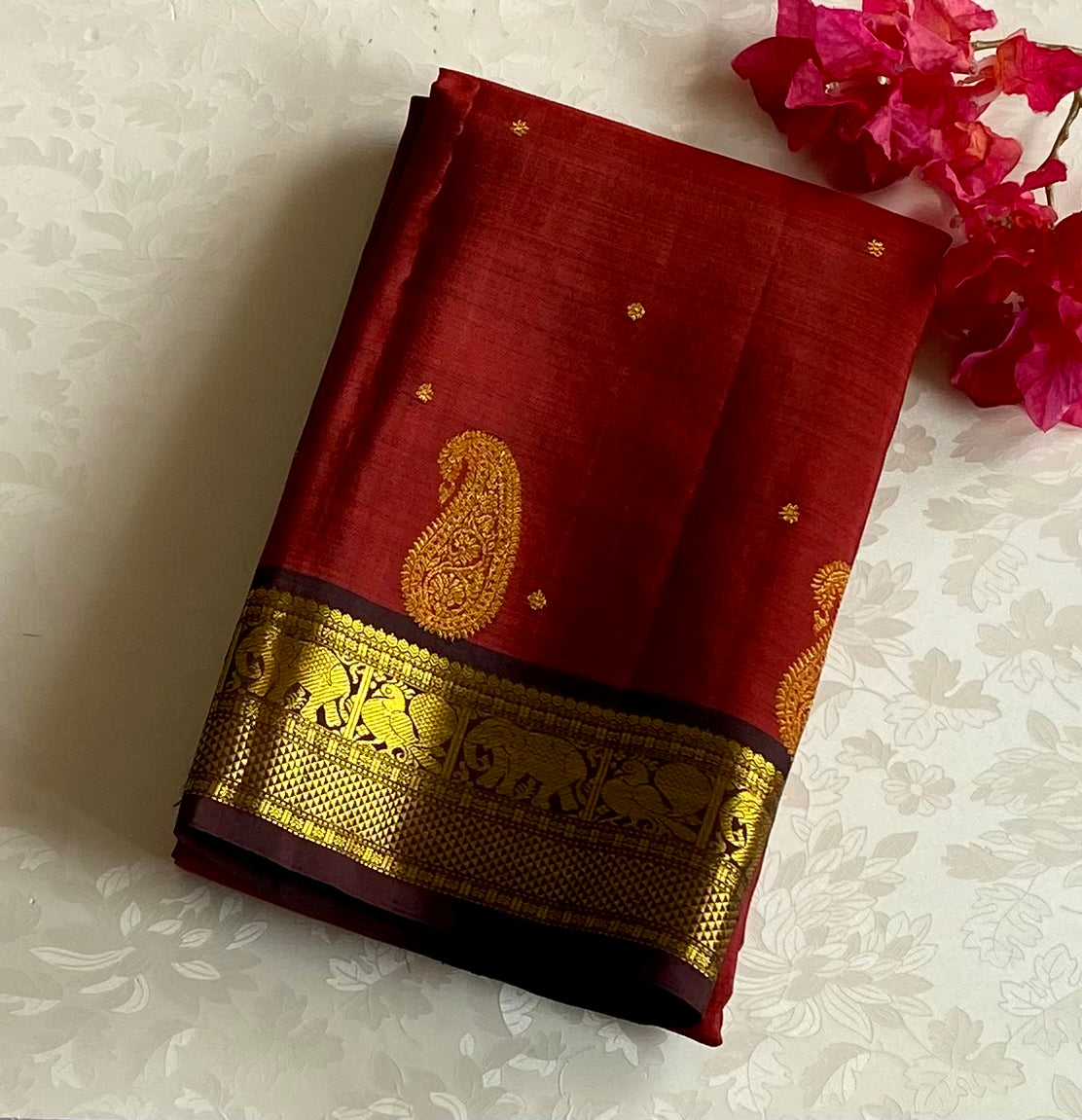 Deep Magenta Silk Saree Antique Gold Brocade Elephant Border Pallu