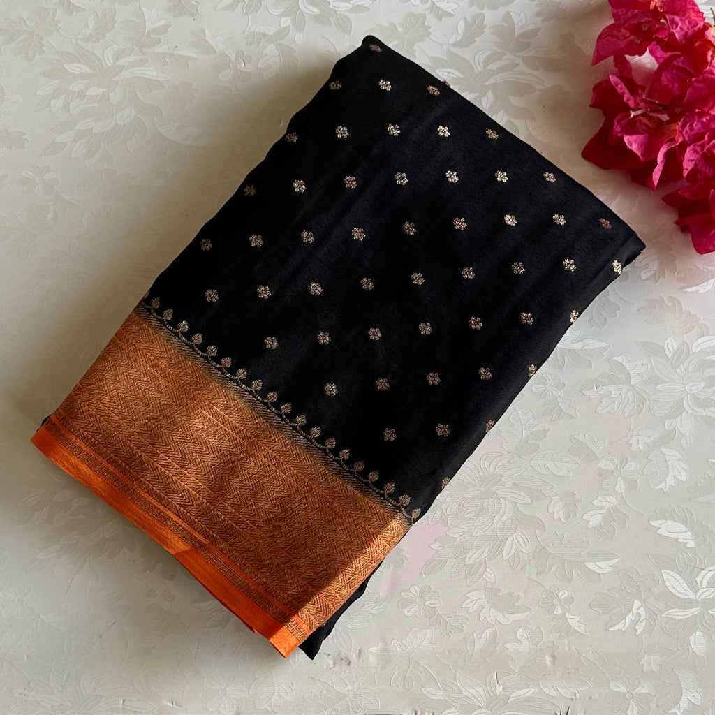 Obsidian Black Banarasi Soft Crepe Silk with Rust Orange Stunner