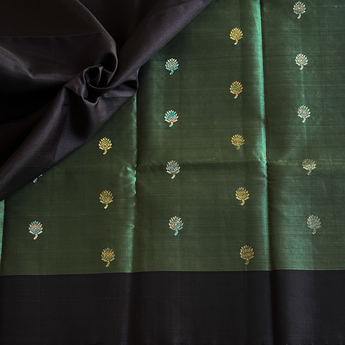 Teal Green Silk Saree Indigo Brocade Pallu Gold Zari Buta