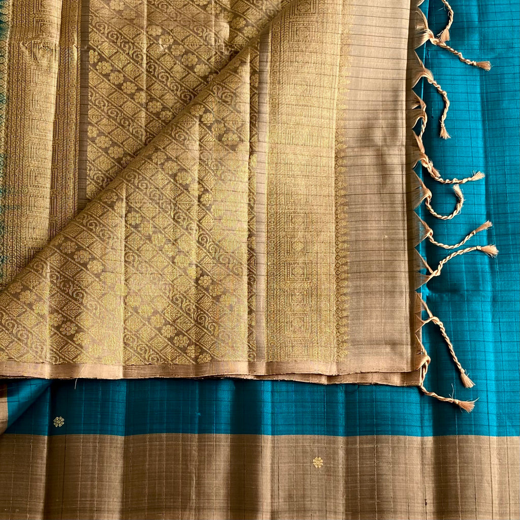 Teal Blue Designer Pure Silk Saree With Bronze Pallu