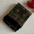 Teal Green Ajrakh Handblock Printed Mirror work Saree With Rust Red Border