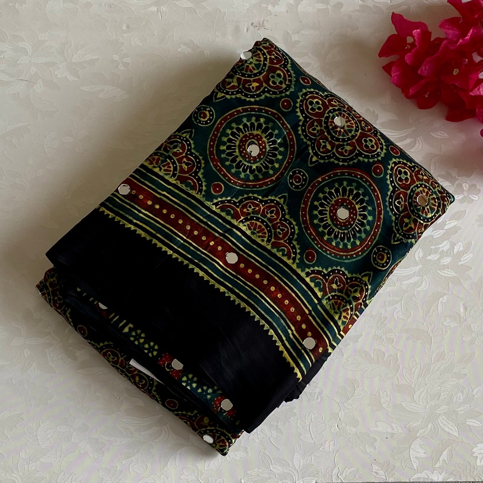 Teal Green Ajrakh Handblock Printed Mirror work Saree With Rust Red Border
