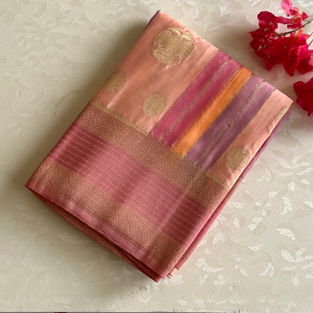 Dusty Rose Soft Crepe Silk With Metallic Pink Pallu & Gandaberunda Buttas