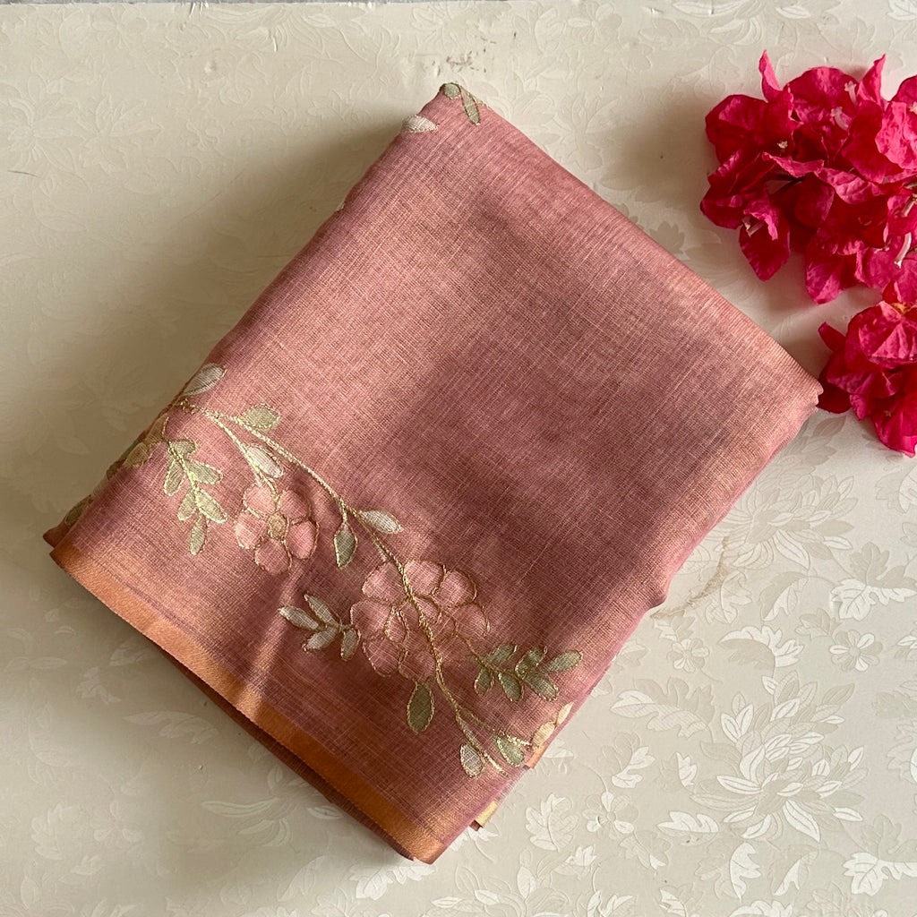 Dusty Rose Soft Tussar Silk Saree With Embroidered Designer Borders n Pallu