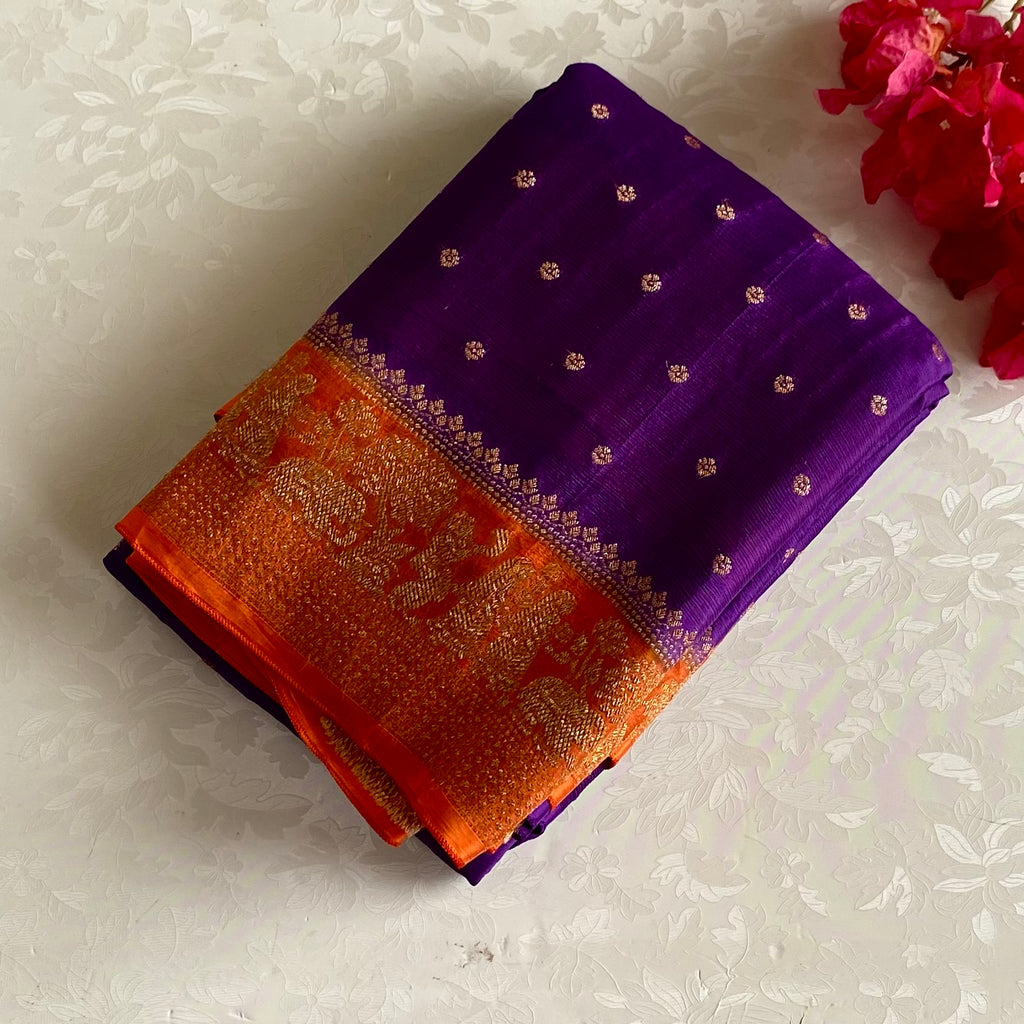 Royal Purple Soft Banarasi Crepe Saree With Tangerine Orange Pallu
