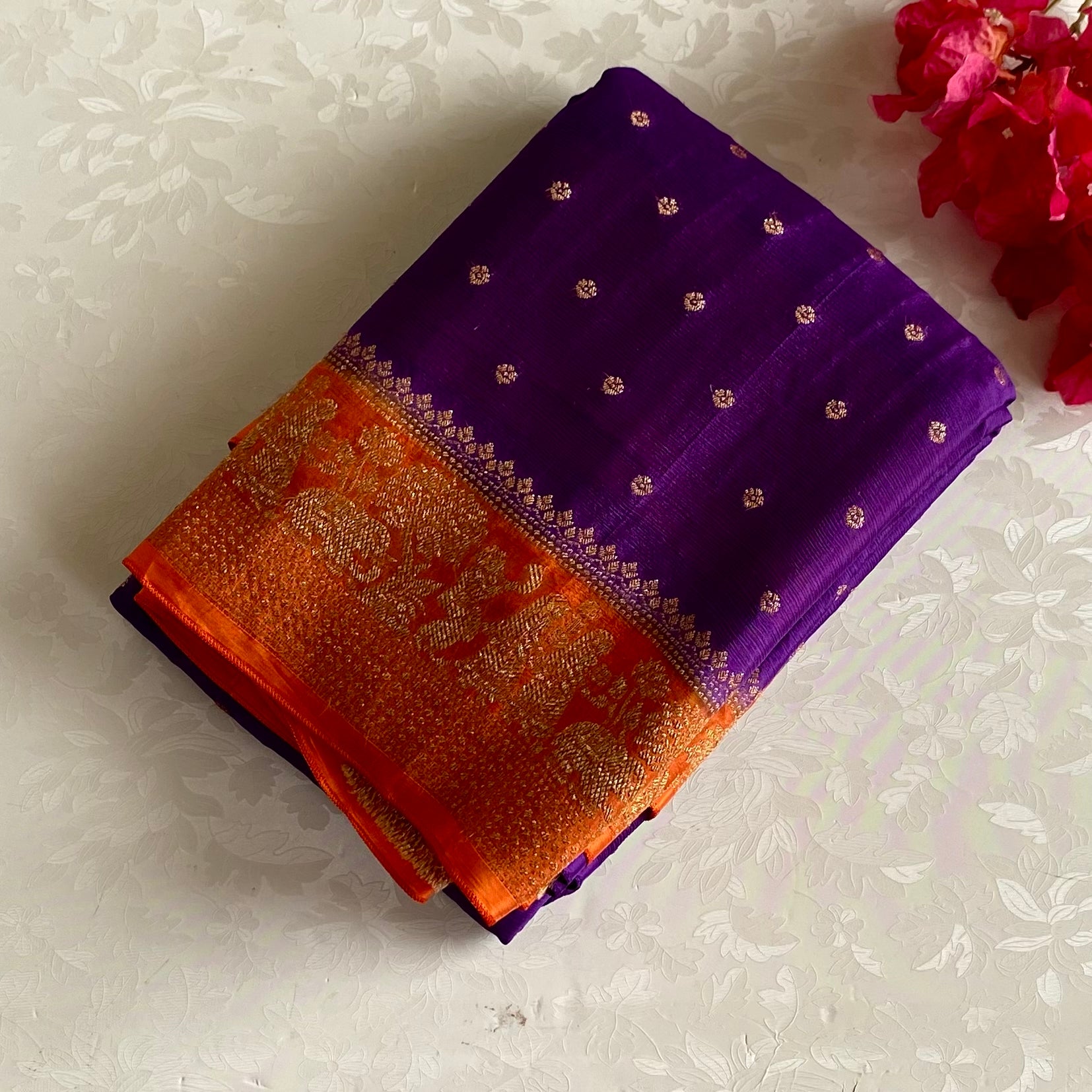 Royal Purple Soft Banarasi Crepe Saree With Tangerine Orange Pallu
